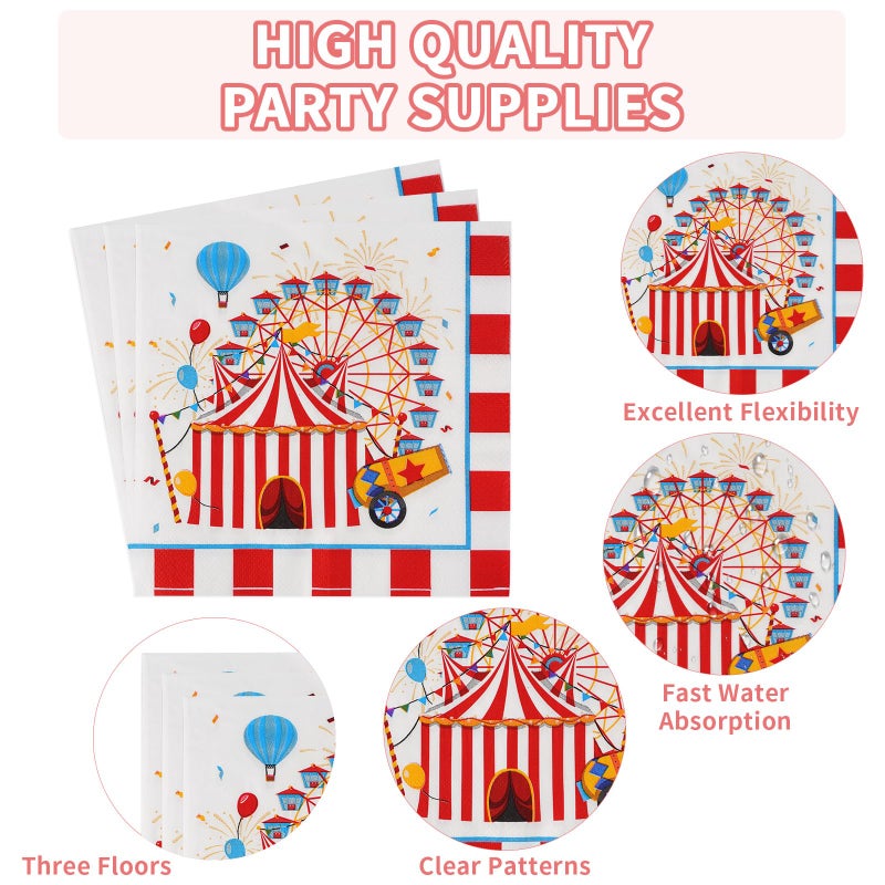 Grencian 96Pcs Carnival Party Decorations Carnival Circus Plates and Napkins Disposable Circus Theme Birthday Paper Tableware Set for Birthday Baby Shower Party Supplies, Serves 24 - Image 3